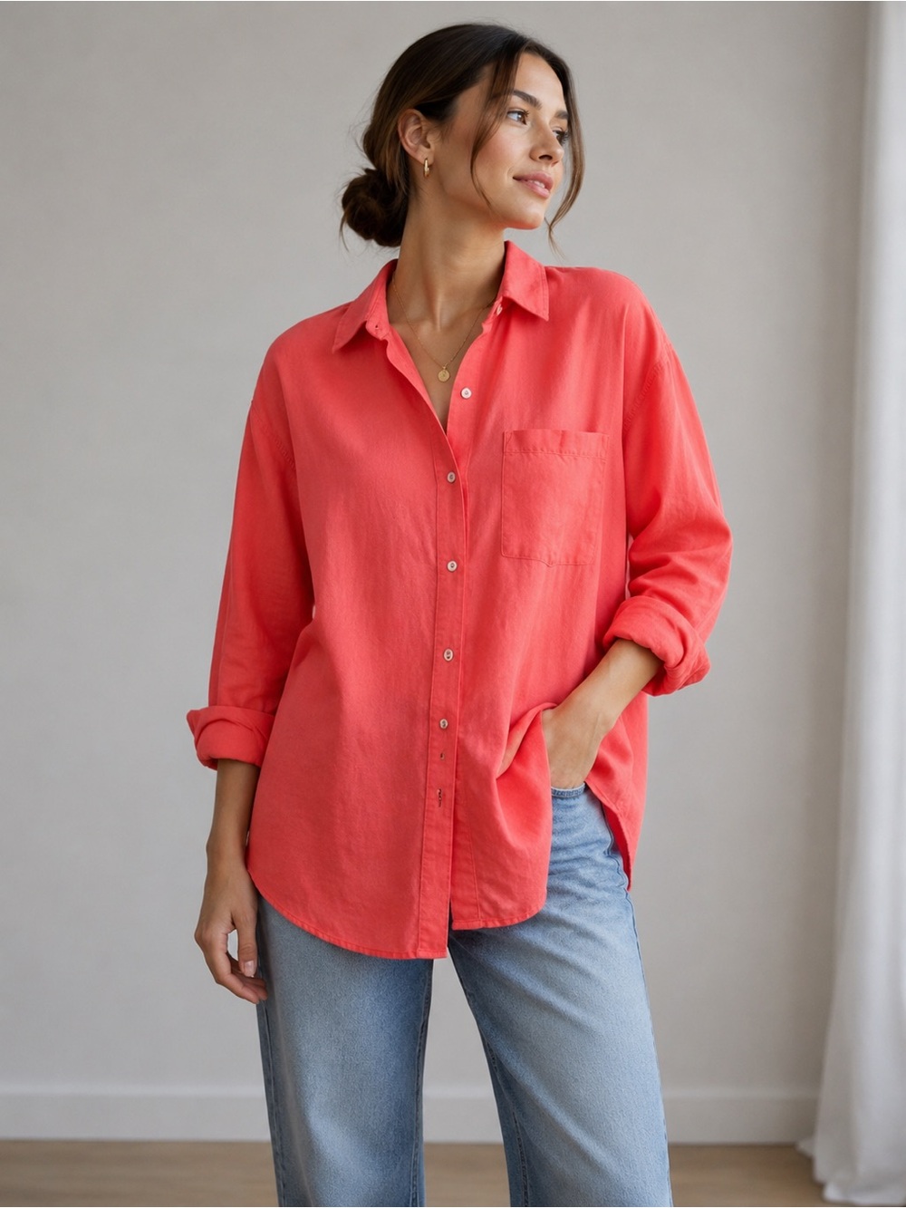 Aerie Coral Linen Blend Button Front Shirt Petite S NWT Relaxed Fit